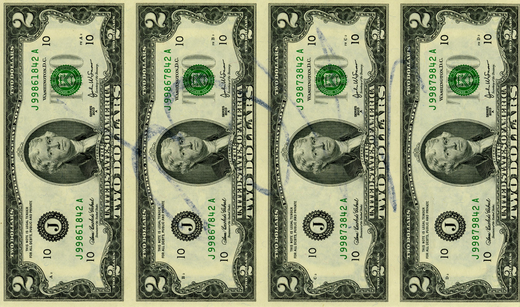 Front of signed $2 bill sheet