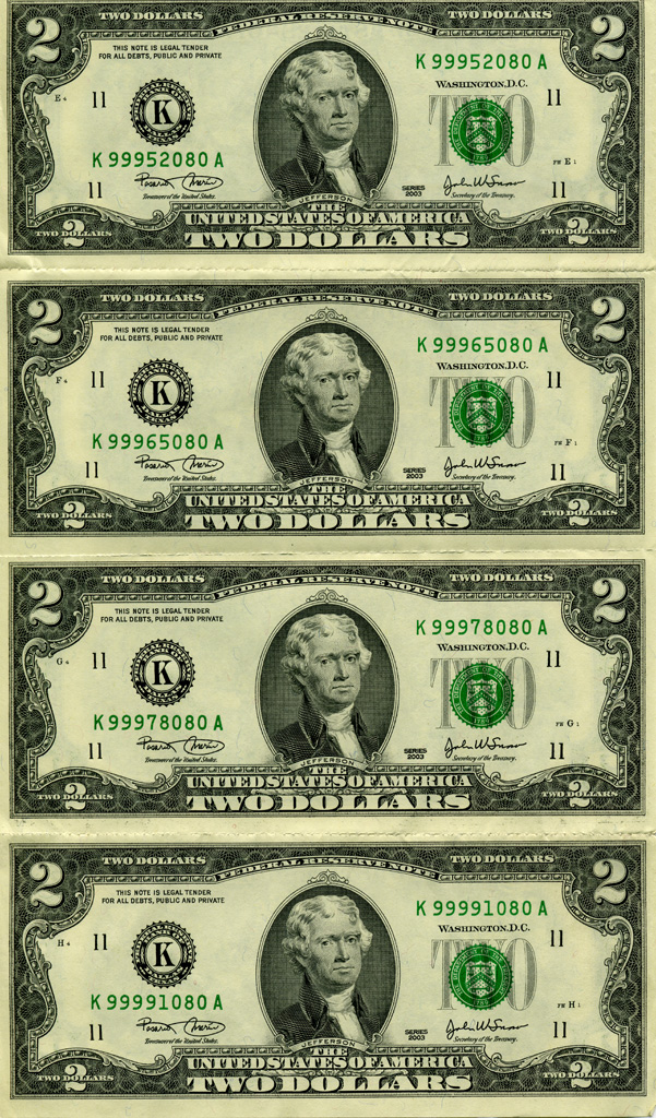 Front of Woz's perforated $2 bill sheet